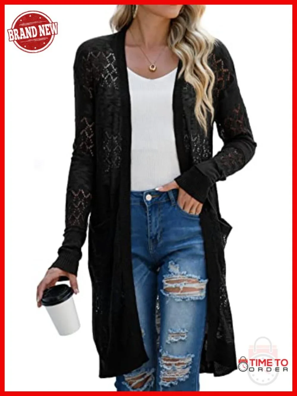 Lightweight Crochet Open-Front Cardigan with Pockets – Womens Casual Long